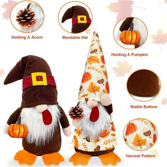 2PCS Fall Thanksgiving Gnomes Plush Decoration - Gnomes Hold Pumpkin & Pine Cone - Picture 5 of 6
